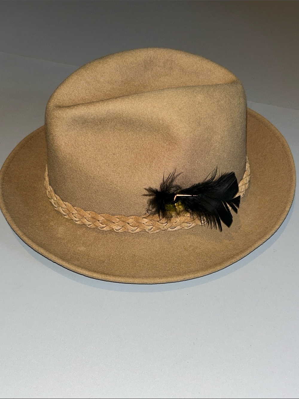 Adam Men's Tan Fedora with Braided Band and Feather Pin 6 7/8